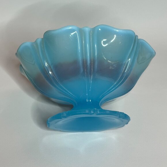 Turquoise/Blue Footed Glass Shallow Ruffled Edge Vintage Bowl - Picture 6 of 10